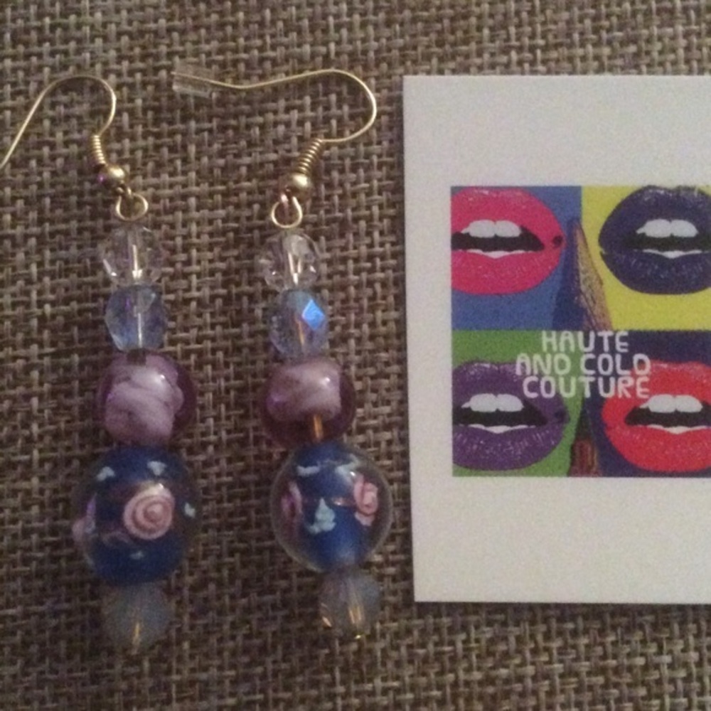 NEW Handmade Floral Blue & Pink Glass  Earrings